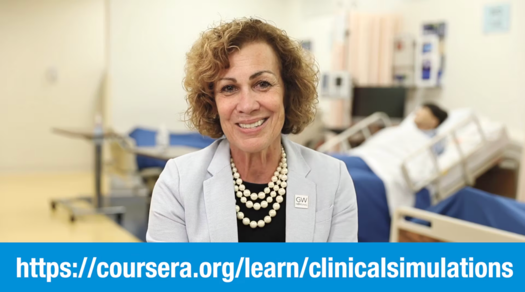 Clinical Simulation MOOC course image showing instructor speaking in a healthcare simulation lab with hospital bed and mannequin in background